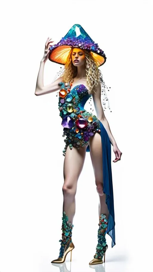 Prompt: <mymodel>Woman with long blond curly hair and mushrooms made of precious gemstones, fungal clothes encrusted with sparkling crystals, high-quality, magical realism, vibrant colors, detailed facial features, natural lighting