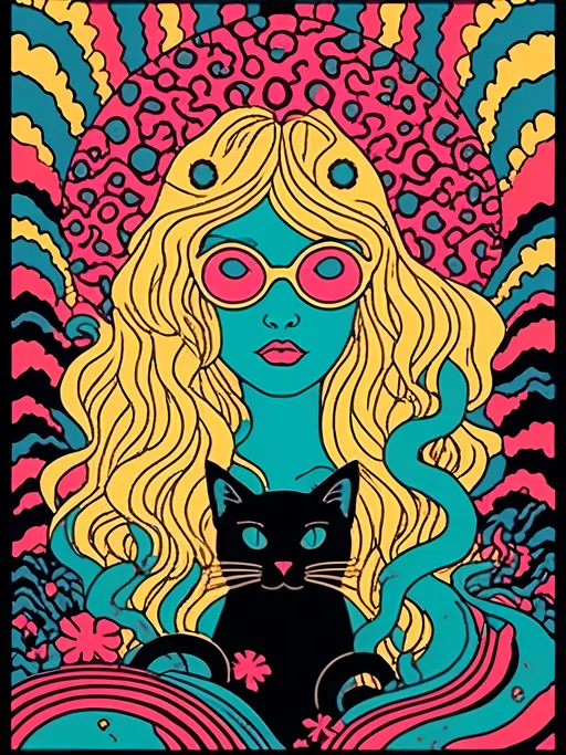 Prompt: <mymodel>Psychedelic poster illustration of a girl with long, curly blond hair, solid black cat, trippy mushrooms, vibrant colors, high-quality, poster art, surreal, detailed hair, psychedelic, detailed cat, colorful, vibrant, surreal, professional lighting