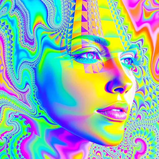 Prompt: An optical illusion of a woman’s face and hair constructed entirely from recursive mathematics, shimmering vector geometry, and ultra-saturated rainbow light—no real face, only the persistent ghost of one generated through multidomain math illusions. Her “face” exists as a symmetry trap: a dynamic convergence of phase-locked interference rings, nested within Penrose aperiodic tiling, creating an illusion of symmetry where none exists. Recursive substitution layers drive a self-similar morphogenesis—Julia set fragments interlace with quasicrystal projections, forming cheeks of converging fractal edges. Cellular automata spiral outward from a vanishing center, their evolution governed by mirrored Wolfram class 4 logic, forming phantom eyes that never resolve. The mouth is a Möbius-looped attractor basin—warped topology yielding a smile that shifts depending on perspective. Her “hair” is a cascade of recursive phyllotaxis spirals encoded with L-system grammar, their paths influenced by feedback-weighted Fourier shell overlays. Entropy blooms in saturation gradients; chaos flows through bifurcation folds and ghostly map trajectories. Embedded across the surface are octonionic vector glyphs, folded in 7D symmetries, their projections etched as rainbow-tinted ridges across manifold curvature. Every line pulses with spectral overtones, layered with iridescent phase noise and diffraction grating filaments. The illusion coheres only in peripheral perception—stare too long and the form dissolves into recursive symmetry confusion and shimmer-laced attractor fields. Illustrated like a math-infused spectral engraving, this is not a woman, but a higher-order illusion—a vision the math itself imagines as human.