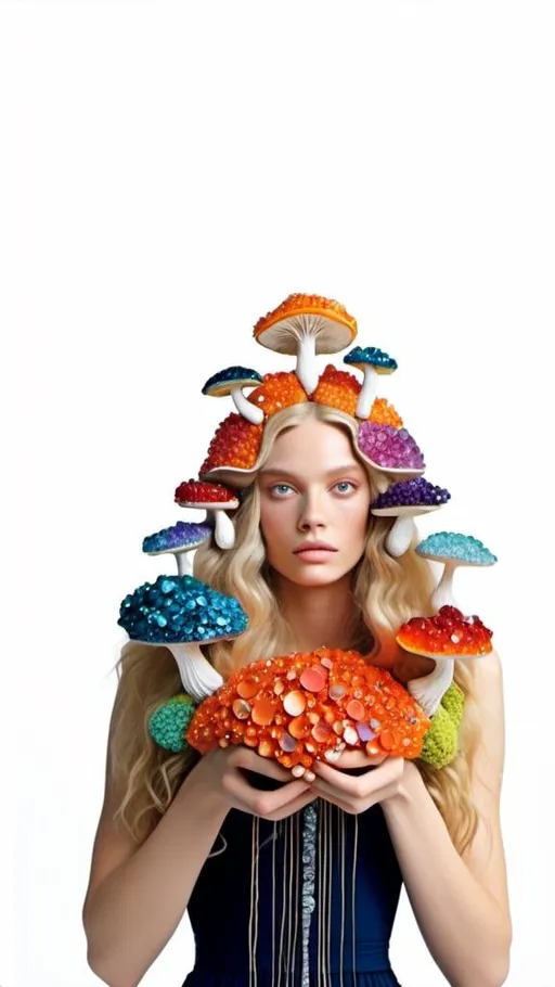 Prompt: <mymodel>Woman with long blond curly hair and mushrooms made of precious gemstones, fungal clothes encrusted with sparkling crystals, high-quality, magical realism, vibrant colors, detailed facial features, natural lighting