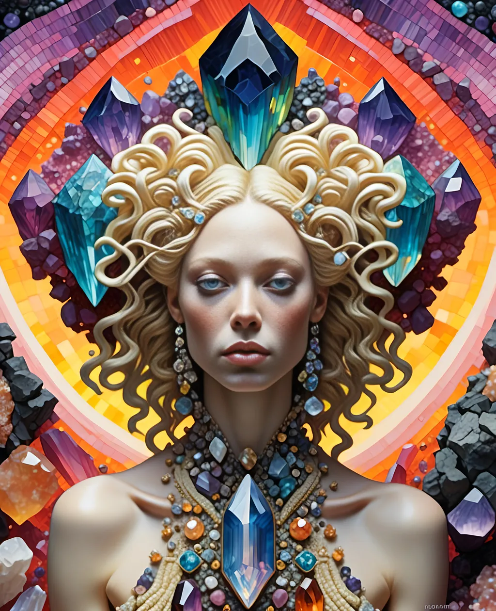 Prompt: <mymodel>ego death, woman long blond curly hair, figurine,  trippy extremely ultra hyperrealistic, high texture high detail psychedelic hallucination created entirely out of Gemstone, gemstones, crystals, crystal, psychedelic, texture, ego death, geometric shapes, fractals made out of gemstones gemstone textures minerals mineral texture banding crystals crystal clusters formations