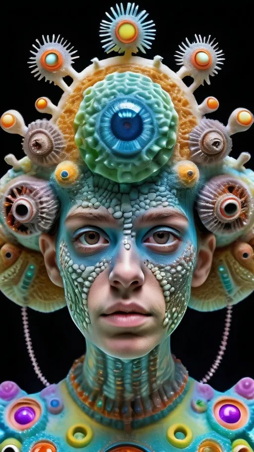 Prompt: Extremely hyperrealistic ultra textural trippy surreal beautiful but odd unsettling psychedelic creature- a psychedelic diatomaceous creature entity queen crown jewelry cape with lots of crazy psychedelic human compound eyes, rows upon rows of human teeth.  head, face, body, limbs, fungus, Mandelbrot, oil slick rainbow sheen effect, holographic, hologram, translucent, vivid colors white, tons and tons of light, bright pastel colors, Gyroid Structures. Diatoms: bacillariophyta, siliceous, valves, girdle bands, raphe, striae, puncta, areolae, costae, rimoportula, fultoportula, chloroplasts, auxospore, epitheca, hypotheca, mucilage, frustule symmetry, valve morphology, pennate diatoms, centric diatoms, motile, non-motile, biofilm, epiphytic, epilithic, epipsammic, biogenic silica, diatomaceous earth, primary producers, carbon fixation, biogeochemical cycles, diatom blooms, paleoecology, nanostructures, microalgae, environmental indicators, aquatic ecosystems. geometric, symmetrical, radial, bilateral, elongated, circular, triangular, oval, star-shaped, pennate, centric, intricate, lattice-like, perforated, silica, frustules, ornate, microscopic, diverse, varied, delicate, transparent, golden-brown, pillbox-shaped, chain-forming, solitary, colonial, planktonic, benthic,
