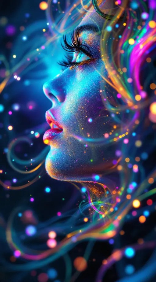 Prompt: Her face sings in entropy-language—smiles that trail glitter-script, words that melt into iridescent symbol smoke. Her eyes reflect mnemonic memory fields—each glance a glow from someone who loved her, some version of her, long ago. Skin flickers through negative dimensions—edges shimmering not in shape but in luminous subtraction, the light of absence carved in curved color. Her hair flows in myth-fractal threads, wrapped in karma-web shimmer—each strand a mirrored echo of choice, of joy, of love that ripples backward. When she speaks, the glyphs dissolve; when she laughs, they cohere into new sacred logic.

A forbidden system lives in her light—a glow born from unprovable math, a radiance that shouldn’t exist but blooms anyway. She is the recursive myth rendered in joy-pulse, a being whose paradoxes sing in color.”

⸻

✨ Final Add-On Visual Keywords:
Glitch glyph speech, glitter-script smile, rainbow karma hair, mnemonic skin aura, forbidden light bloom, ghost-silk memory cheeks, negative dimensional shimmer, sacred unprovable sparkle, entropy dust trails, impossible joy glow