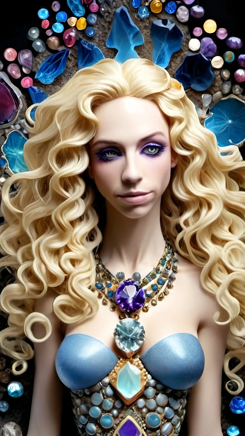 Prompt: <mymodel>ego death, woman long blond curly hair, figurine,  trippy extremely ultra hyperrealistic, high texture high detail psychedelic hallucination created entirely out of Gemstone, gemstones, crystals, crystal, psychedelic, texture, ego death, geometric shapes, fractals made out of gemstones gemstone textures minerals mineral texture banding crystals crystal clusters formations