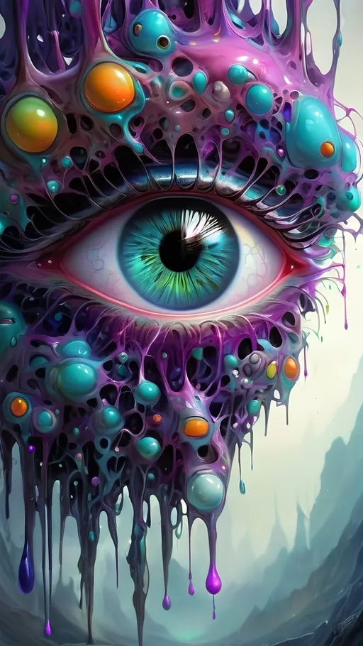 Prompt: Surreal psychedelic creature, entity, trippy, crazy inhuman eyes, multidimensional, fractal, noneuclidien geometries geometric shapes tesseracts, melting, drips, hyper dimensional, drippy, aura, alien, extraterrestrial, extra dimensional,bizarre, ineffable, numinous, counsciousness, strange, unnerving but beautiful, biolocal, mechanical, blobs, atoms, particals, eyes