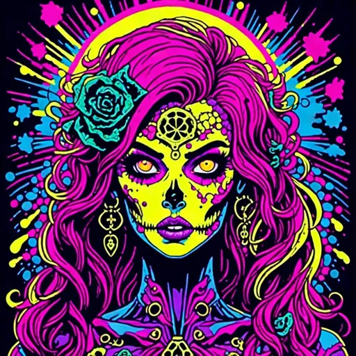 Prompt: <mymodel>70s black light poster, retro punk zombie babe, vibrant oooze, psychedelic, high quality, vector illustration, retro, punk, zombie, vibrant colors, neon lighting, oozing details, vintage, psychedelic art, retro fashion, glow effects, detailed hair, mesmerizing eyes