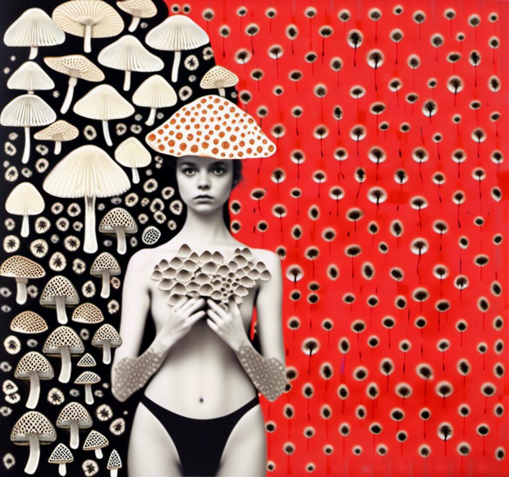 Prompt: a mixed media collage of a girl wearing or growing mushrooms/fungus as clothing body parts and accessories. She is a black and white or halftone photograph, the mushrooms and fungal growths are to be mixed media, including but not limited to paint, enamel, foils, glitter, sparkle, sequins, found objects, natural items, rhinestones etc <mymodel>