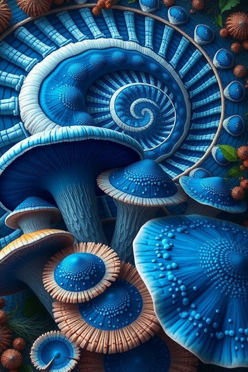 Prompt: Let's create a new art prompt using the specified mathematical methods and updated elements from the knowledge bases:

1. **Mathematical Function**: Fibonacci Sequence
2. **Natural**: Lactarius indigo (Indigo Milk Cap), Hericium erinaceus (Lion’s Mane)
3. **Pattern Tiling**: Fibonacci Spiral
4. **Minerals/Crystals/Elements**: Terbium, Dysprosium, Holmium, Erbium, Thulium, Ytterbium

**Final Art Prompt:**

"An extremely super hyperrealistic trippy weird surreal odd scene featuring the mesmerizing Lactarius indigo (Indigo Milk Cap) mushrooms with their convex to depressed blue caps exuding blue milk, paired with the striking Hericium erinaceus (Lion’s Mane) fungi, characterized by their cascading icicle-like spines. The background is a breathtaking Fibonacci Spiral, echoing the natural spiral patterns found in sunflowers and seashells, creating a harmonious and mathematically intriguing backdrop. Scattered throughout the scene are metallic elements like Terbium, Dysprosium, Holmium, Erbium, Thulium, and Ytterbium, each displaying their silvery-white hues with hexagonal close-packed crystalline structures. These elements add a futuristic and otherworldly metallic sheen to the environment. The entire scene is bathed in a surreal light, creating an atmosphere that is both otherworldly and deeply connected to the natural order."

This prompt combines the natural forms and luminous qualities of fungi with the geometric complexity of Fibonacci spirals and the striking visual impact of various metallic elements, creating a scene that is both scientifically intriguing and artistically captivating.