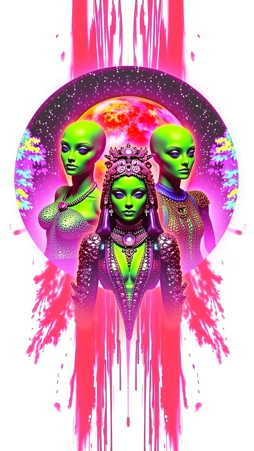 Prompt: **Space Hos - AI Art Prompt**

Create an artwork featuring the phrase "Space Hos" in a bold, sassy, girly futuristic tech font. The scene is populated by multiple striking green-skinned alien females, each exuding attitude and confidence. They are dressed in avant-garde high fashion with a futuristic edge, showcasing an array of intricate accessories that highlight their alien allure.

Each alien boasts a slightly conical-shaped bald head and large, almond-shaped black eyes, adding to their enigmatic charm. They pose with sass and poise, making a statement in the cosmic landscape.

Incorporate a vibrant UFO in the background, teeming with colorful lights that illuminate the scene. The setting is a bustling outer space landscape, complete with an alien planet, swirling asteroids, and cosmic phenomena. Alien glyphs are seamlessly integrated into the design, adding a mysterious layer.

The entire composition is busy and detailed, with every inch filled with tiny elements that captivate the viewer's attention. From the smallest star to the grandest asteroid, the scene is a masterpiece of cosmic chaos and extraterrestrial elegance.