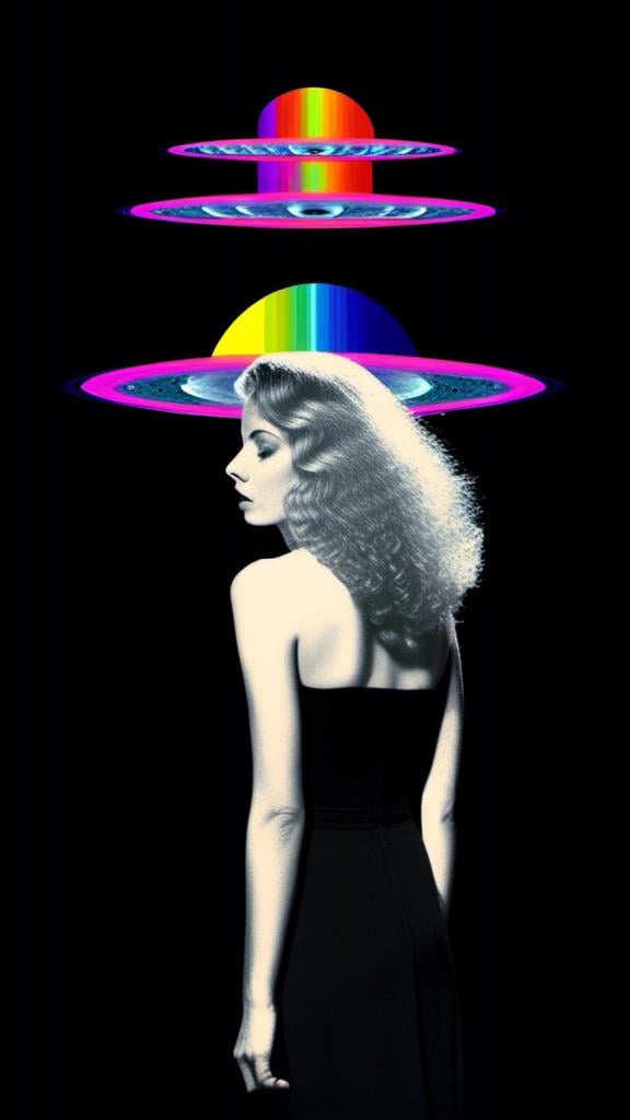 Prompt: A psychedelic collage featuring a photograph of a woman with blond curly long hair. The photo is cut and spliced with other photos and drawings of aliens, UFOs, rainbow spectrums are erupting from places, planets, stars, landscapes, and sparkles set amidst optical illusions of all kinds in geometric shapes giving an otherworldly surreal bizarre ufo alien effect to this psychedelic collage <mymodel>