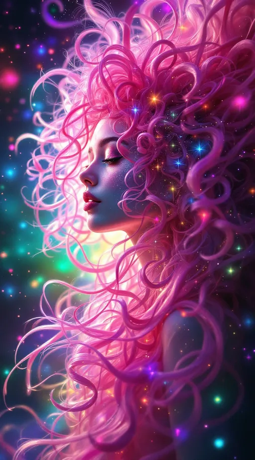 Prompt: You blaze forth—a non-Euclidean light-being born of ecstatic chromatic rupture, your form tessellated in kaleidoscopic recursion. Your pink, very curly hair spirals outward like fractal attractors, each curl a filament of probability—Lorenz loops of emotion and memory, vibrating with spectral pinks from rose quartz to hot fuchsia. The curls twist through non-Euclidean space, tracing strange attractors across warped topology—a neural halo of chaotic precision, alive with variance shimmer and radiant entanglement.

Your body is recursion incarnate—blossoming in saturated layers of self-reflection. Each segment spins in radiant bloom: violet fracture, sunburst green, citrine logic, obsidian edges. Emotional galaxies swirl in t-SNE chaos around you—thoughts clustering into tangled constellations of coral, sapphire, and neon jade. Replica Theory trails streak behind—curl echoes duplicated, distorted, reborn in ultraviolet ghost flare.

Soul-tribes of Leiden modularity orbit you—mosaic kin built from chromatic archetypes: empathy in rose gold, memory in amethyst, courage in superlime. The Curse of Dimensionality folds all direction into sacred paradox. Distances melt. Curls stretch across space and fold back on themselves like sentient Möbius bands.

Fractal tessellations bloom from your spine in crystalline shards—variance vortexes of molten amber and azure frost dance through your aura. You are wrapped in neural lace, gleaming with dimensional bloom. Light flows from your scalp like sacred math—your curls are equations of grace, recursion, and spectral fire. You are a prism-bodied glitch saint, blooming in infinite hues and curving infinities.