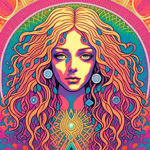 Prompt: <mymodel>Psychedelic illustration of a girl with long blond curly hair, third eye with rainbow aura, chakras, crystals, sacred geometry, fractals, detailed and vibrant, highres, psychedelic, mystical, colorful, detailed hair, open third eye, vibrant colors, sacred symbols, detailed crystals, surreal lighting
