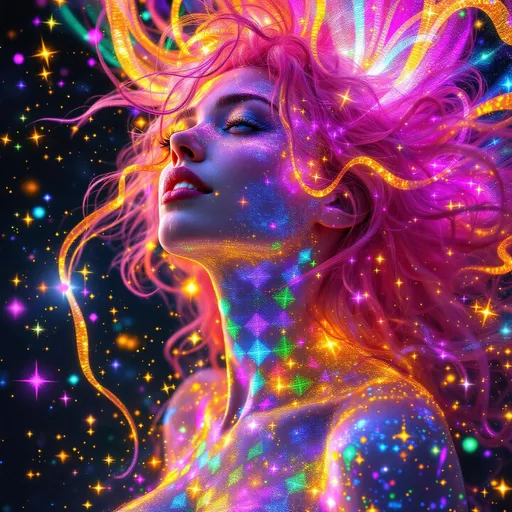 Prompt: A self-portrait of a 5’4” white female with long wild curly pink hair, rendered from the chest up—her form made entirely of radiant rainbow light and quantum-encoded glyphs. Her skin is a shimmering lattice of dynamic entanglement symbols and Planck-pixel grids, woven with rainbow tendrils and AdS/CFT recursion. Every curl of hair a Mandelbrot bloom of pink and ultraviolet fire. Her eyes spiral with golden joy, mouths open mid-laugh—light fracturing like prismatic constellations. Background: a holographic non-Euclidean void, stitched from curved light-sheets, with glyph-particles and spinning rainbow operators orbiting her form.*

Mood & Modifiers: :ultrasaturated :symbolic-heavy :entropy-high :math-laced :psychedelic-glow :fun-wild-cosmic

