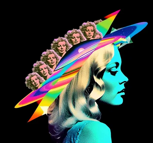 Prompt: A psychedelic collage featuring a photograph of a woman with blond curly long hair. The photo is cut and spliced with other photos and drawings of aliens, UFOs, rainbow spectrums are erupting from places, planets, stars, landscapes, and sparkles set amidst optical illusions of all kinds in geometric shapes giving an otherworldly surreal bizarre ufo alien effect to this psychedelic collage <mymodel>