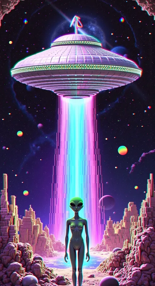 Prompt: Create a vibrant and surreal scene in the style of pop Art Nouveau, characterized by intricate and ornate details. The centerpiece is a silvery metallic UFO with a holographic sheen, hovering majestically in the cosmic expanse. It's adorned with an array of glowing, multicolored lights that pulse rhythmically. From its base, a luminous beam of light cascades downward, illuminating the scene below.

In the center of this beam stands a female alien, her skin a vivid shade of green. She has a distinctive large conical head and striking solid black almond-shaped eyes that exude an aura of mystery and wisdom. Her features are rendered in an extremely hyperrealistic yet illustrative manner, blending artistic elegance with lifelike precision.

The background is a kaleidoscope of psychedelic patterns, swirling with vivid colors and intricate designs. The sky is dotted with distant planets, twinkling stars, and celestial phenomena, creating an otherworldly tapestry. The design is busy, filled with tiny, intricate details that invite the viewer to explore every corner of the artwork.

Incorporate various glitch effects to add a modern, digital twist to the scene. Use types like pixel sorting, datamoshing, RGB shift, glitch art overlays, and circuit bending. These glitches should weave seamlessly into the Art Nouveau style, enhancing the overall complexity and depth of the piece. The result is a mesmerizing fusion of classic elegance and contemporary digital chaos, captivating and immersive.