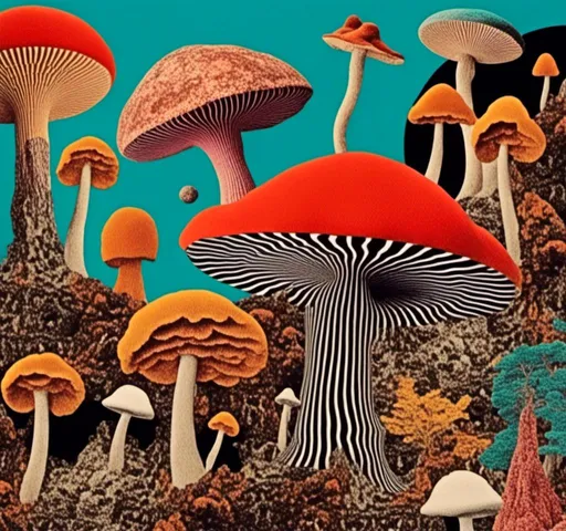 Prompt: <mymodel>Retro psychedelic collage of vibrant, 70s-inspired fungus, mushrooms, vibrant colors and patterns, surreal collage cut and paste composition, landscapes, trippy patterns, optical illusions, planets vintage analog texture, high quality, retro, psychedelic, vibrant colors, surreal, vintage, analog texture, detailed patterns, artistic