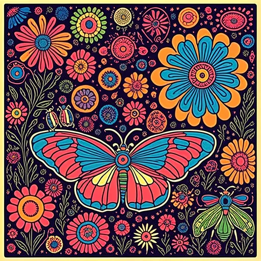 Prompt: <mymodel>Psychedelic poster art illustration of wildflowers & insects, vibrant colors, detailed floral patterns, surreal insect designs, high quality, detailed, poster art, vibrant colors, wildflowers, insects, psychedelic, floral patterns, surreal, high contrast lighting, detailed illustration