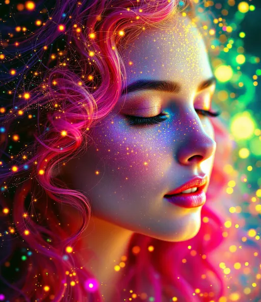 Prompt: Her face is a modular masterpiece—cheekbones traced with the shimmer of moonshine symmetry, every angle tuned to a hidden harmonic. Newton fractal veins glow faintly beneath translucent skin, shifting in color with each emotion. Her eyes burn with prime number fire, irises tiled in Penrose symmetry, blinking with curved light logic. Laughter echoes in Hilbert paths across her cheeks—space-filling joy spirals, soft and bright. Hair spills around her in radiant pink curls, styled by quasiperiodic forces and recursive wave equations—each strand flowing in luminous fractal tension. Geometry pulses at the hairline, recursive symbols glinting in neon mathdust. She is wrapped in hyperbolic aura-rings, layered in color-feedback like living topology, her presence refracting sacred math through joy, emotion, and colorfields.”

⸻

Visual Keywords:
Modular face symmetry, Newton glow skin, Penrose-tiled irises, Hilbert smile trails, pink recursive curls, fractal symbol halo, hyperbolic color aura, neon mathdust, prime fire eyes