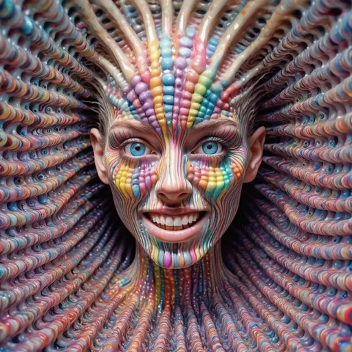 Prompt: <mymodel> an extremely hyper realistic ultra super textural weird trippy surreal psychedelic vibration entity, crazy psychedelic human/animal eyes,rows and rows of human teeth lots and lots and lots of light, rows of human teeth, vibrations, vibrational waveform, ripples, waves, cymatics, chladni figures, white/translucent, bright pastels, oil slick rainbow sheen effect,  