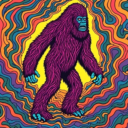 Prompt: <mymodel>Bigfoot, Sasquatch, cryptid, psychedelic poster art style, vibrant colors, swirling patterns, surreal atmosphere, high quality, detailed fur, intense gaze, forest setting, mythical creature, large scale, professional, atmospheric lighting