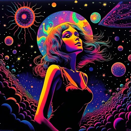 Prompt: <mymodel>Vintage 70s black light poster art illustration, girl hallucinating in space, psychedelic mushrooms, planets, moons, stars, fractals, vibrant colors, intense black light effects, detailed psychedelic girl, cosmic atmosphere, high quality, psychedelic, vintage, space, vibrant colors, fractal details, hallucination, girl illustration, retro art style, cosmic lighting