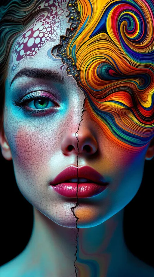 Prompt: A surreal female face split between two realities — one half rendered through the Paradox Mirror Grid, the other through the Harmonic Phase Grid.

The left side: fractured, recursive, paradox-bound. Geometry loops in on itself — features reflect impossibly, eyes bend into mirrored spirals, mouth splits into logical contradictions. Every contour flickers with unstable symmetry, like an Escher sketch caught in a feedback loop.

The right side: fluid, wave-born, harmonic. Form flows in perfect sinusoidal arcs — cheekbones curve like soundwaves, eyes radiate concentric phase ripples, lips shimmer with color gradients that pulse in time.

The background lattice flickers and shifts: mirror-folds on one side, flowing synesthetic lightwaves on the other. Ultra-saturated color palette, bright interference glows, rich visual contradiction — a dual-lattice portrait oscillating between paradox and harmony.”

⸻

This creates a diptych face — two abstract physics of form sharing one expression. 