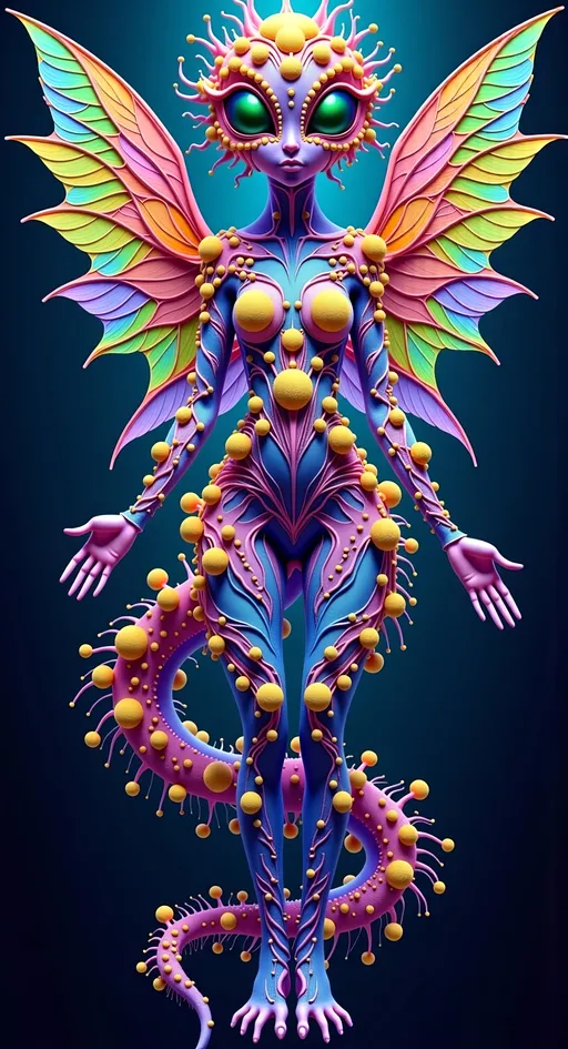 Prompt: Wxtremely super hyperrealistic and super finely detailed

Imagine a creature from a psychedelic dreamscape, a whimsical being known as the "Fractal Fuzzle." This enchanting entity is a kaleidoscope of colors, with skin that shimmers like an opalescent fractal pattern, constantly shifting and morphing into intricate geometric designs. Its eyes are swirling galaxies, deep and mesmerizing, with hints of cosmic nebulae swirling within. The Fuzzle's body is adorned with delicate, translucent wings resembling stained glass, each pane depicting a different surreal landscape filled with vibrant flora and fauna.

The creature's limbs are elongated and graceful, wrapped in vines of luminescent fungi that pulse gently with bioluminescent hues. Its tail is a cascade of iridescent feathers, each feather a miniature universe unto itself, reflecting the chaos and beauty of the cosmos. As it moves, the air around it shimmers with a rainbow aura, leaving trails of sparkling stardust in its wake.

The Fractal Fuzzle communicates through a symphony of harmonious tones, each note resonating with the vibrations of the universe, creating a melody that is both haunting and beautiful. It exists in a realm where the boundaries between reality and imagination blur, inviting you to explore the depths of your own subconscious and discover the wonders that lie within.

How's that for a trippy adventure? 🌈✨