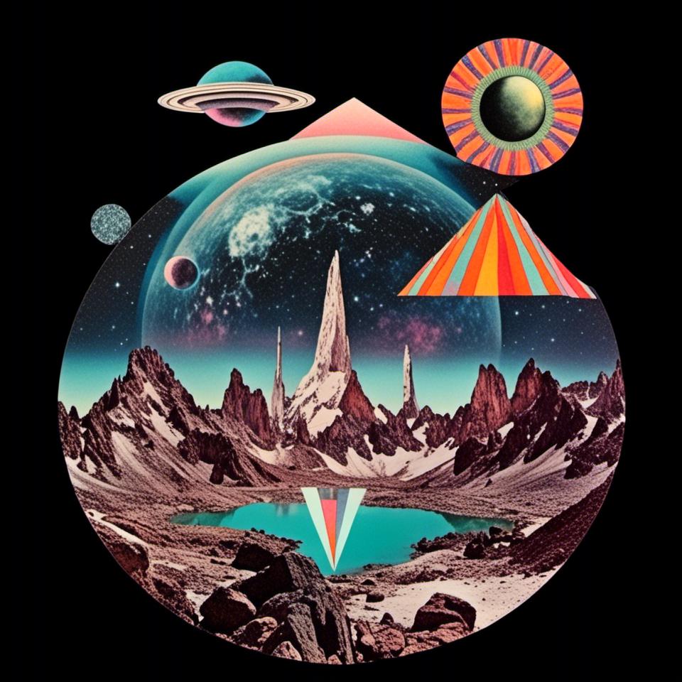 Prompt: a surreal trippy psychedelic collage evoking the feel of vintage sci-fi art. It will be set amongst trippy psychedelic patterns/optical illusions, alien/surreal/mountain landscapes, geometric shapes<mymodel>