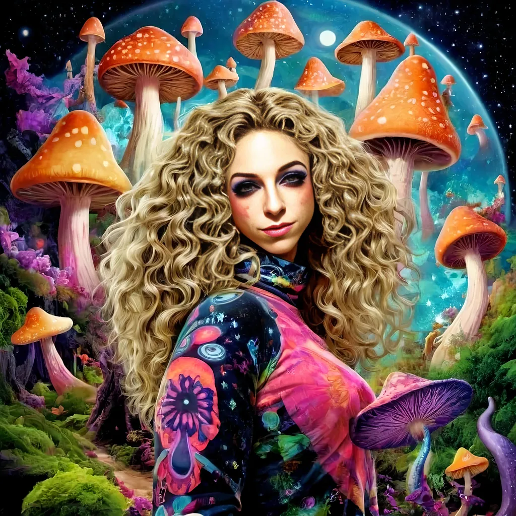 Prompt: A psychedelic trippy bright colorful vivid black light poster illustration of a girl with longish blond curly hair, with psychedelic magic mushrooms, trippy hallucinations, optical illusions and patterns, crystals, moss, forest, moon, geometry fractals