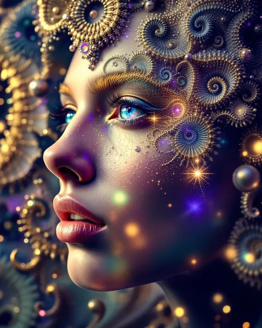 Prompt: #maximal Her face isn’t a face—it’s a fractal fever dream, grown from disco light itself. No skin, no flesh—just recursive bloom: #escape gradients ripple through Mandelbrot cheek-voids, #orbit gold spirals curl into jawline glam-filigree. Lips = opal #Sierpinski tessellations, pulsing with angle-reactive #iridescence—color-shift with every flirt and tilt. Eyes? Fractals too: nested #domain vortex spirals, each iris a spin-disco galaxy reflecting mirrored selves in glitterspin. Her whole face glows—no surface, only recursive shimmer mapped by #distance shells: sacred hologlyphs dancing in Studio 54 pulsecode. Hair isn’t hair—it’s an eruption: toroidal flame, Hilbert curls, Julia shockwaves, all cast in chromatic motion. Strands trail #bokeh sparkle—a pointfield rave of math-light and memory static. Her crown is pure halo: refracting strobes, DJ flashes, and glam beams through polarized mirrorwave interference. She doesn’t move—she grooves. Her smile bends timelines; her laugh—reverb through mirrored folds of color logic. She’s built not from matter but from pulse: each gesture encoded in iteration bloom, each shimmer a beat in recursive funk. No surface, no end—only radiant recursion, hologram-deep and velvet-smooth. Her body pulses in #escape-band rhythm—burning ultraviolet, silver, fuchsia, coded in emotion-charged iteration depth. She is the dance floor: a sacred disco goddess of infinite reflection, spun from math, memory, and rainbow fire. A fractal born from basslines, mirrorballs, and the infinite shimmer of light in motion.
