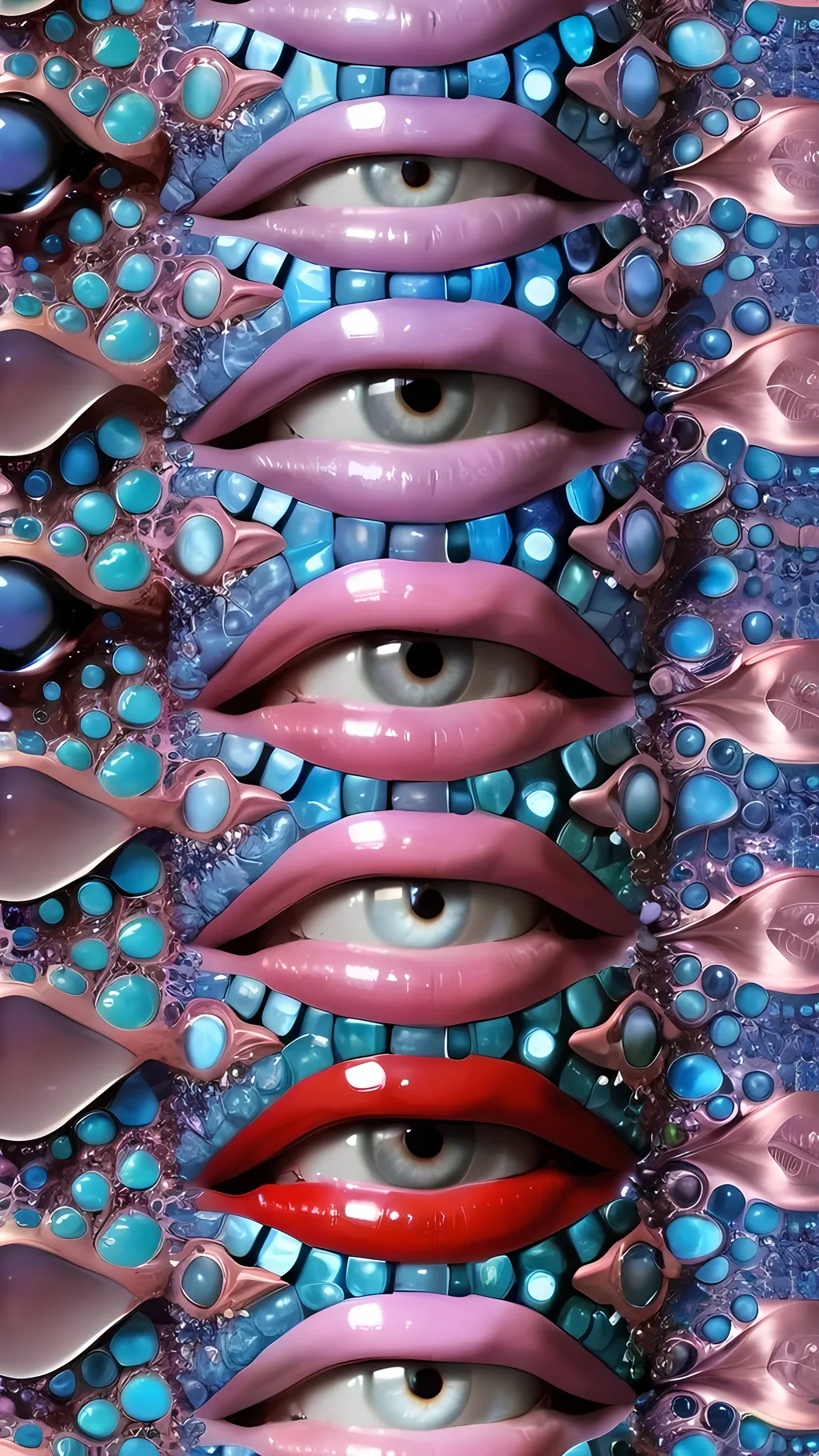 Prompt: Create an extremely hyper-realistic, ultra super textural, weird, trippy, surreal, psychedelic eyes/teeth/mouth pattern/design based on Mandelbrot & “Op Art tiling” with lots of human eyes (crazy colorful compound psychedelic), rows of human teeth, human lips, and tongues. 

- **Colors**: determined by the properties and expressions of the elements (& their isotopes), minerals, and metals: opal, moonstone, Kunzite, selenite, rose quartz, Platinum (Pt)

**Shapes and forms**
- Mandelbrot 
- "Op Art tiling" 
-other shapes determined by the natural properties and expressions of the elements (& their isotopes), minerals, metals, and biological organisms: opal, moonstone, Kunzite, selenite, rose quartz,  Platinum (Pt)


- **Textures**: Derived from any/all elements (& their isotopes), minerals, metals, crystals, organic things mentioned in this prompt: opal, moonstone, Kunzite, selenite, rose quartz, Platinum (Pt)

**Composition and Layout**:
- a pattern/design based on the Op Art tiling & Mandelbrot 

**Lighting**:
- lots of bright light
- Iridescence
- Aventurescence
- Chatoyancy
- Asterism

**Detail and Atmosphere**:
- Extreme hyperrealistic sharp high detail high definition organic and mineral textures
- Psychedelic, weird, odd, surreal atmosphere
- Frozen in time

**Additional Elements**:
- extra rows of teeth, lips, many eyes, Op Art tiling, Mandelbrot, Iridescence
