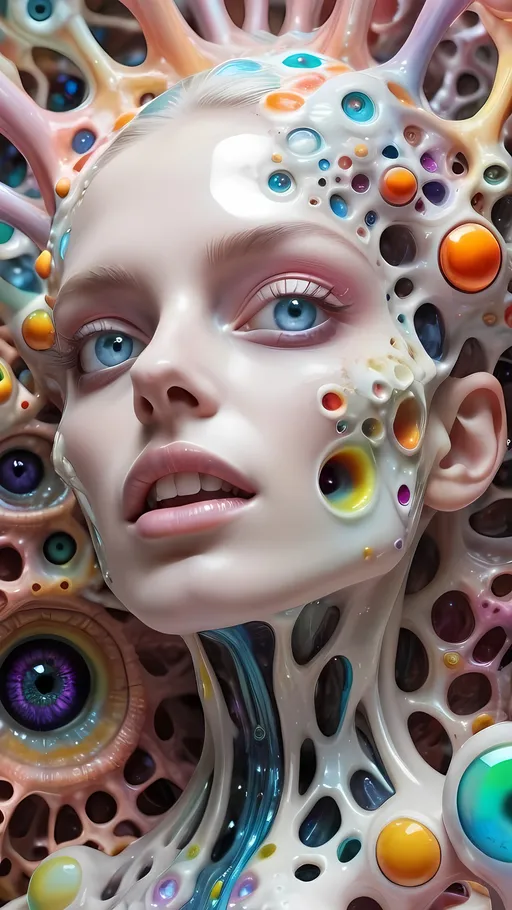 Prompt: an extremely hyper realistic ultra super textural weird trippy surreal psychedelic entity, gyroid structures, Julia Sets, white, translucent, clear, bright bright pastel colors, oil slick rainbow sheen effect, lots and lots of light, lots of crazy colorful compound psychedelic human eyes, rows of human teeth, fungus, atoms, diatoms, gyroid structures, Julia Sets