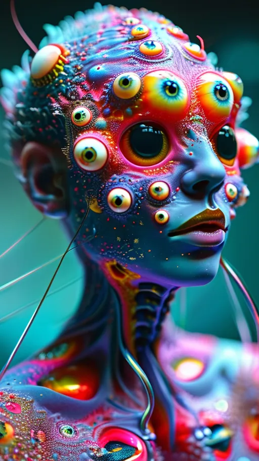 Prompt: an extremely hyper realistic ultra super textural weird trippy surreal psychedelic entity, Cardioid Curves, ,,, translucent, pearlescent finish, silver, pyrite, quartz,, clear, bright vivid teals, blues, pinks/yellows/greens, black charcoal, lots and lots of light, lots of crazy colorful compound psychedelic human eyes, rows of human teeth, fungus,  atoms, diatoms,, Cardioid Curves