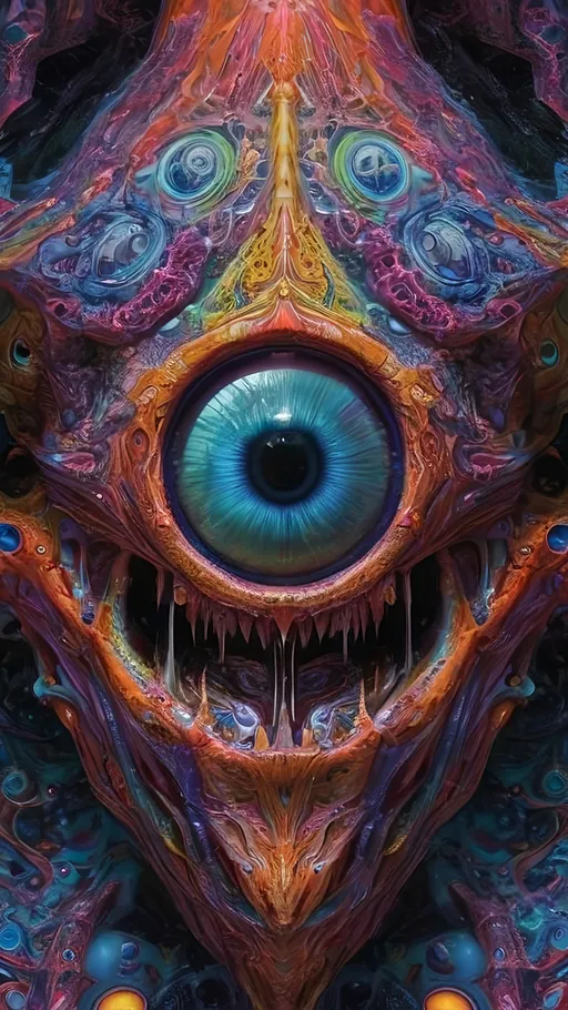 Prompt: Extreme psychedelic hyperrealism- Super high definition ultra textural multidimensional nonhumanoid crystal silicon noneuclidean geometric entity with crazy psychedelic bizarre eyes watching, looking, observing, psychedelic hallucination surrealism, psychedelic alien nonEuclidean geometry creature, multidimensional, detailed, highres, intense colors, eerie lighting, bizarre features, unsettling atmosphere, otherworldly, distorted proportions, mind-bending, dreamlike, abstract,, extremely textural high detailed psychedelic and metallic textures