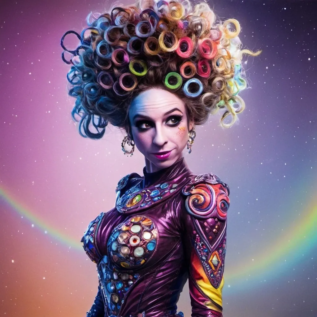 Prompt: A super hyperrealistic yet also illustrative and creative female cosmic jester, made entirely of swirling pure colored light, with long wild curly hair that appears blond but is a dazzling spectrum of hues. She is adorned in beautiful avant-garde "astral" jester's attire, complete with intricate harlequin clown makeup and a HUGELY OVERSTATED jester's hat that twists and bends into impossible, otherworldly shapes. Her hat sparkles with iridescent gems and glowing cosmic patterns, radiating a surreal, trippy energy. Her ensemble includes exquisite, shimmering accoutrements like glowing ribbons of stardust, cascading light veils, and crystalline bells that chime with the sound of distant galaxies. She sparkles, shines, and dazzles in a mesmerizing swirl of ever-changing colors, embodying the essence of cosmic whimsy and wonder. She stands on a floating, kaleidoscopic fractal platform that endlessly morphs and twists through the void of the astral realms. Behind her, a shimmering nebula of liquid rainbow light swirls and pulses, while shimmering comets streak across the scene. The cosmic jester juggles glowing orbs of quantum energy, each orb containing miniature universes that spin and glimmer with infinite possibilities. Her laughter echoes like a symphony of stars, and her every movement leaves trails of dazzling light that ripple like water across the fabric of space-time. The entire scene is awash with iridescent fractal spirals, the platform morphing with Mandelbrot set fractals, while liquid rainbow nebulae and glowing stardust create an atmosphere of pure astral magic.