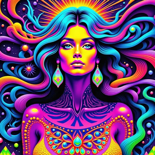 Prompt: 
A radiant Caucasian woman with untamed, spiraling blond curls that twist and morph into fractal patterns, glowing with vibrant, hallucinatory hues—electric blues, neon greens, and ultraviolet purples. Her hair becomes a living tapestry of sacred geometry and infinite mandalas, pulsating with the rhythm of a cosmic heartbeat. Her face is illuminated by a divine, otherworldly glow, her eyes reflecting hyperspace itself—swirling galaxies, alien landscapes, and shimmering, liquid lightforms. The background is an explosion of psychedelic ecstasy: a vortex of infinite dimensions, morphing with DMT-like intensity into crystalline patterns, organic tendrils, and cascading rivers of molten color. The scene feels alive, as if the boundaries between her and the universe dissolve, revealing the interconnectedness of all things. The atmosphere radiates transcendence, the merging of inner and outer realities, and the infinite possibilities of consciousness.
