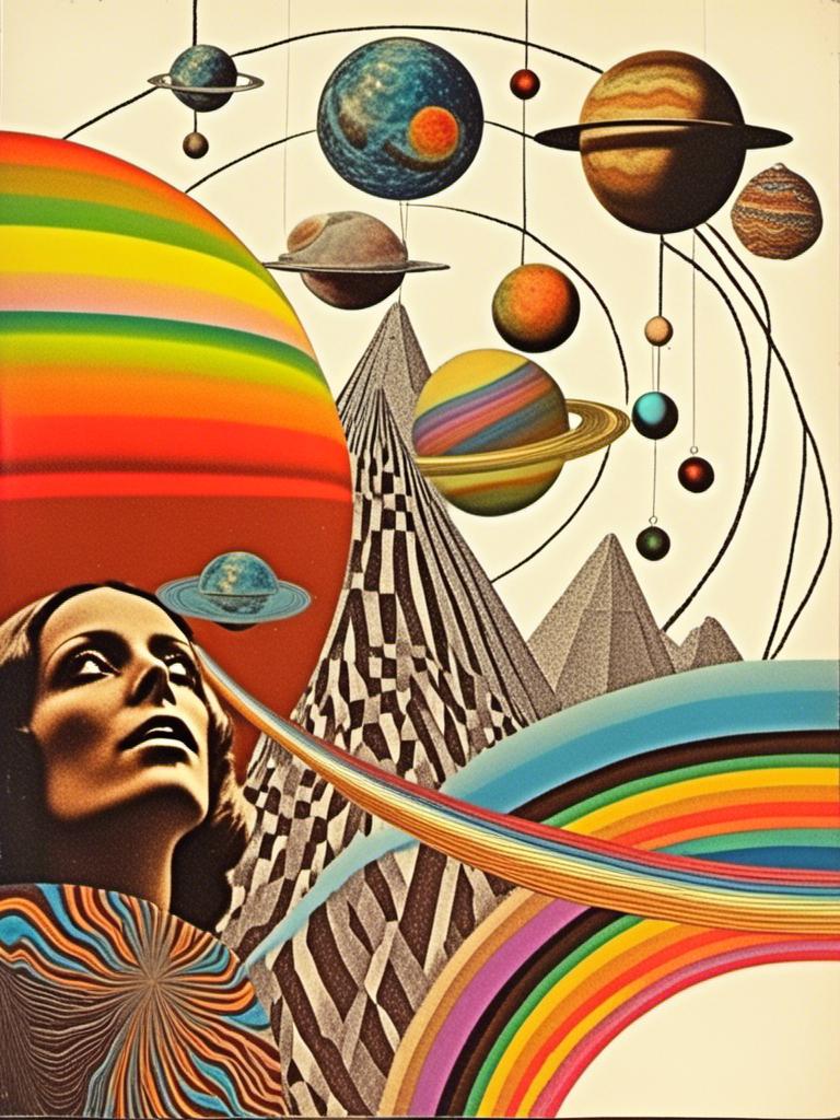 Prompt: A vintage 70s psychedelic collage with the theme “astral vacation”- incorporate themes of astral projection, the astral plane, the silver cord, use an astral brilliantly but sometimes muted opalescent color palette, & combine it all with planets, orbs, optical illusions and psychedelic trippy patterns, color spectrums as a surreal vintage psychedelic collage<mymodel>