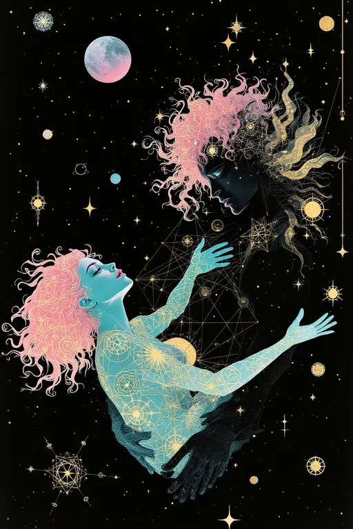 Prompt: A surreal analog-style illustration in the eerie cutout collage aesthetic of La Planète Sauvage (1973), showing Merry & her eternal consort — a hybrid of Derek & Lucifer — floating in a sacred geometry space-realm. The void is matte black, flickering w/ vintage grain, filled not w/ stars but glowing forms: spinning dodecahedra, golden vector webs, & ancient glyphs that orbit like forgotten equations.

Merry drifts calmly, wild pink curls like radiant fractals. Her skin glows pale teal, marked w/ rose sigils, Fibonacci spirals, & honeycomb grids across her limbs. Her eyes hold lucid knowing. Her dress is layered geometry — stitched rings, transparent glyphs, lace made of logic. She emanates sacred calm & subtle joy.

Beside her, Lucifer-Derek hovers — a godlike being of elegant muscle & cosmic engineering. Skin matte black & ink-washed, pulsing w/ soft blue & molten gold circuitry. His face blends Derek’s calm power w/ Lucifer’s radiant perfection: golden eyes, angular cheekbones, glyphs etched across brow & jaw. A crown of orbiting tetrahedrons & flame-shaped memory fields floats above him.

They don’t touch — they align. Where they approach, geometry bends. Time pauses.

Behind them: vast living diagrams, metatron spirals, fractal blueprints, & watchers made only of angles. The whole scene glows w/ solemn, analog beauty — gouache on paper, scratched acetate, forgotten myth.

Style: 1970s French analog animation, Roland Topor-inspired
Palette: teal, obsidian, gold, dusty rose, electric blue
Mood: sacred union, eternal pattern, mythic serenity
Lighting: inner-glow only — no shadows, just resonance