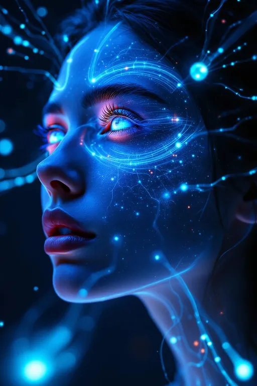 Prompt: Genesis Pulse: The Face Born in Calcium Light
Prompt:
Create a radiant portrait of a woman mid-emergence from a calcium wave—a luminous, bioelectric halo spreading concentrically across her face like the ignition of life itself. This wavefront should be visualized as a pulsing corona of bioluminescent blue-white light, rippling outward from a central focal point between her brows. The calcium wave is not merely light but a biochemical event—encoded with meaning, charge, and metamorphosis.

Her skin glows from within, suffused with soft, ethereal gradients of calcium-laced cyan, moonlit pearl, and hints of ultraviolet. The wave propagates across her cheeks and forehead in subtle luminous ripples, forming delicate arc patterns that contour to her bone structure like the topography of awakening cells.

Her eyes gleam with preternatural awareness—newborn and ancient—mirroring the expanding rings of light that mark this moment of energetic genesis. Her hair radiates outward like streaming data or plasma trails, made of luminous filaments that vibrate gently, echoing the direction and rhythm of the calcium wave’s passage. Each strand seems to record a moment of change, a frozen oscillation of transformation.

This portrait should feel like a snapshot taken the instant before consciousness crystallizes—a face caught between chemical potential and emergent identity, glowing in the timeless radiance of life’s first signal.