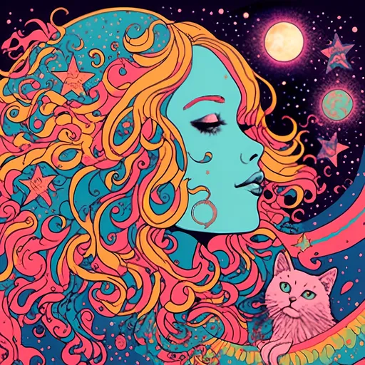 Prompt: <mymodel>Psychedelic poster art illustration of a girl with long blond curly hair on the moon with cats  night, vibrant colors, surreal, high quality, poster art, detailed curls, dreamy atmosphere, celestial cats, moon, psychedelic, long hair, vibrant colors, surreal, detailed illustration