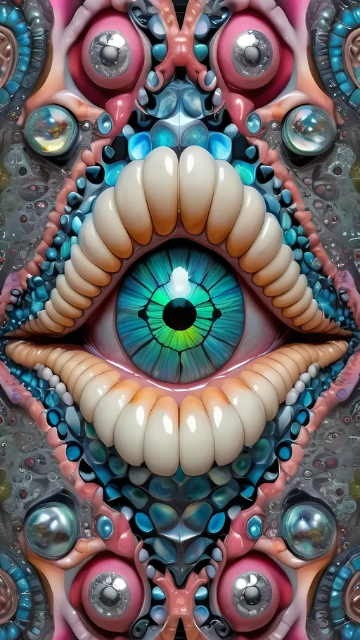 Prompt: an extremely hyper realistic ultra super textural weird trippy surreal psychedelic entity, Cardioid Curves, ,,, translucent, pearlescent finish, inlaid opal, silver, pyrite, quartz,, chrome, bright vivid teals, blues, pinks/yellows/greens, black charcoal, lots and lots of light, lots of crazy colorful compound psychedelic human eyes, rows of human teeth, human lips, tongues, fungus,  atoms, diatoms,, Cardioid Curves, Tessellation, Penrose tiling