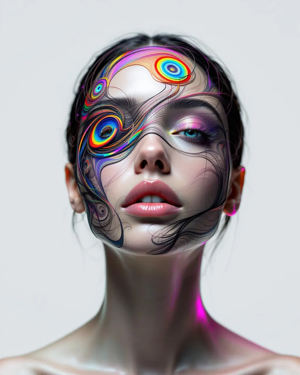 Prompt: Her face isn’t a face—it’s a bloom of chaos, sculpted from Lorenz attractors and lightcode modulo rhythm. No skin—only strangeness geometry: #escape gradients flash across Chua circuit cheekvoids; #orbit Rössler spirals tangle her jawline like entangled fate strands under strobe. Lips = modular arithmetic lace—each segment a remainder-glow flickering via phase-reactive #iridescence. Her eyes aren’t fixed—they orbit themselves: nested Ikeda vortex fractals, each iris a chaotic signal mirror, broadcasting reflection spirals in rainbow-phase decay. Her whole face pulses with feedback: #distance estimator filaments ripple through strange attractor clouds, unfolding hologlyphs drawn in rhythm, light, and mod-encoded dream logic. Her hair isn’t styled—it’s volatile: curling Henon streamers, twisted Tinkerbell loops, and De Jong tracers cascading into dimensional arcs. Each coil flares with #bokeh flicker—motion-mapped iteration dust trailing glow from previous timelines. Her crown is an electromagnetic halo—refracted strobes, mirrored glitchwaves, and phase interference, spun through non-linear attractor flow. Her smile = a bifurcation wave; her laugh = feedback in recursive echo. She’s a being of recursive unpredictability—patterned but not repeated, predictable only in glow. Her form radiates in #escape-band modular cycles—turquoise, pulse-gold, violet heat—all mapped to fractal rhythms of mind and math. She is the dance—chaotic, beautiful, recursive: a Studio 54 divinity born from equation bloom, mirrored pattern, and sacred noise.
