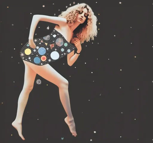 Prompt: <mymodel>Mixed media collage of an astral entity in the astral realms in outer space but also another beautiful glowing dimension of radiance
And love and light. She has long blond curly hair and appears as a photograph, maybe black and white or halftone, while the mixed media colors and sparkles and sacred geometries of the astral dimension swirls around her and out of her in the form of paint, foils, glitter, sparkles, rainbows, auras, sequins, enamels, rhinestones, thread, broken glass, etc