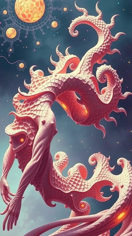 Prompt: A strange surreal beautiful flowing lithe interdimensional psychedelic entity/creature, made of fractal geometry, existing in many dimensions simultaneously, melting from one dimension to the next, phasing in and out of reality, inter dimensional fractal geometry come to life, psychedelic, trippy, weird, but beautiful, 