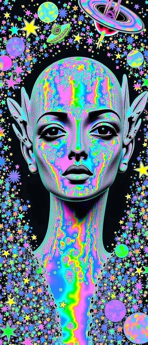 Prompt: Text - STARSEED - in a cursive hand drawn decorative art nouveau organic script style- Design 3 color a pop art nouveau t-shirt featuring a Lisa Frank-inspired 80s glam futuristic alien woman, limited to four vibrant colors. The central figure should be an alien woman with a classic 'gray' alien appearance—big pointed head and large almond-shaped solid colored dark shining eyes—styled with glamorous 80s fashion elements. Use bright, bold colors typical of Lisa Frank, incorporating metallic and neon hues to emphasize the futuristic theme. Surround her with whimsical elements like stars, planets, galaxies, and UFOs, all infused with a pop art nouveau flair. Add details such as sparkling jewelry, bold makeup, and flowing hair, reminiscent of 80s glam. The design should be eye-catching and energetic, blending the playful essence of Lisa Frank with the elegance of art nouveau, perfect for a standout t-shirt.