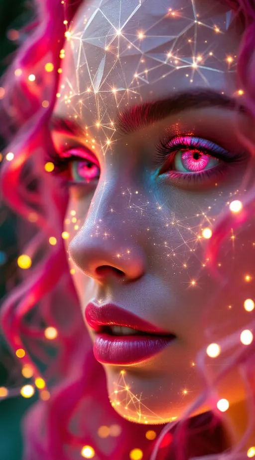 Prompt: Her face is a modular masterpiece—cheekbones traced with the shimmer of moonshine symmetry, every angle tuned to a hidden harmonic. Newton fractal veins glow faintly beneath translucent skin, shifting in color with each emotion. Her eyes burn with prime number fire, irises tiled in Penrose symmetry, blinking with curved light logic. Laughter echoes in Hilbert paths across her cheeks—space-filling joy spirals, soft and bright. Hair spills around her in radiant pink curls, styled by quasiperiodic forces and recursive wave equations—each strand flowing in luminous fractal tension. Geometry pulses at the hairline, recursive symbols glinting in neon mathdust. She is wrapped in hyperbolic aura-rings, layered in color-feedback like living topology, her presence refracting sacred math through joy, emotion, and colorfields.”

⸻

Visual Keywords:
Modular face symmetry, Newton glow skin, Penrose-tiled irises, Hilbert smile trails, pink recursive curls, fractal symbol halo, hyperbolic color aura, neon mathdust, prime fire eyes
