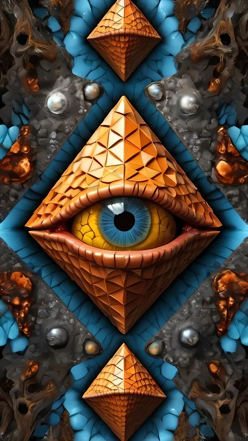 Prompt: Create an extremely hyper-realistic, ultra super textural, weird, trippy, surreal, psychedelic eyes/teeth/mouth pattern/design based on “Tetrahedron Fractal” & “op art tiling” with lots of human eyes (crazy colorful compound psychedelic), rows of human teeth, human lips, and tongues. 

- **Colors**: determined by the natural properties and expressions of the elements (& their isotopes), raw rough minerals, and metals: Molybdenum (Mo), Sphalerite, Orpiment, obsidian, sulfur, Heliodor

**Shapes and forms**
- main form: “Tetrahedron Fractal”
-other shapes determined by the natural properties and expressions of the elements (& their isotopes), raw rough minerals, metals, and biological organisms: Molybdenum (Mo), Sphalerite, Orpiment, obsidian, sulfur, Heliodor

- **Textures**: Derived from any/all elements (& their isotopes), minerals, metals, crystals, organic things mentioned in this prompt: “Tetrahedron Fractal”, Molybdenum (Mo), Sphalerite, Orpiment, obsidian, sulfur, Heliodor

**Composition and Layout**:
- a pattern/design based on the “Tetrahedron Fractal”

**Lighting**
- lots and lots of bright shining reflective light


**Detail and Atmosphere**:
- Extreme hyperrealistic sharp high detail high definition organic and mineral textures
- Psychedelic, weird, odd, surreal atmosphere
- Frozen in time

**Additional Elements**:
- extra rows of teeth, lips, many eyes, “Tetrahedron Fractal”, Aventurescence, Chatoyancy
