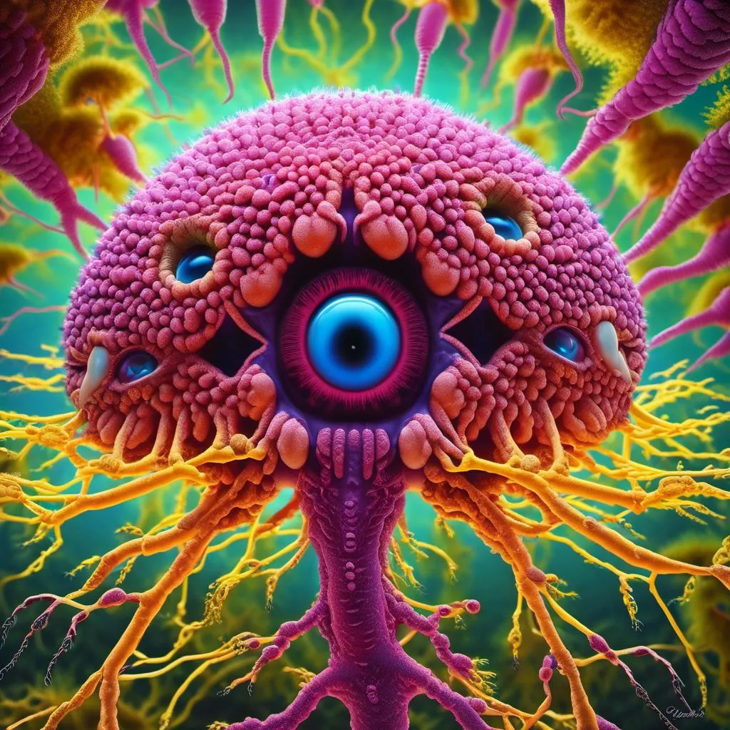 Prompt: extremely hyperrealistic living sentient trippy psychedelic slime mold creature, slime mold monster, slime mold being,  crazy trippy psychedelic human eyes, mouth, Plasmodium, pseudopodium, sporangia, sporocarp, sclerotium, amoeboid, acellular, protoplasmic, foraging, network, cytoplasmic streaming, fruiting body, spores, germination, aphanoplasmodium, phaneroplasmodium, myxamoebae, flagellate, zygote, meiosis, mitosis, phagocytosis, chemotaxis, thigmotaxis, phototropism, saprophytic, decomposer, saprotrophic, slime trail, aggregation, extremely high detail, extreme high texture<mymodel> clear, transparent, translucent, rainbow sheen soap bubble effect, white, light pastel colors
 