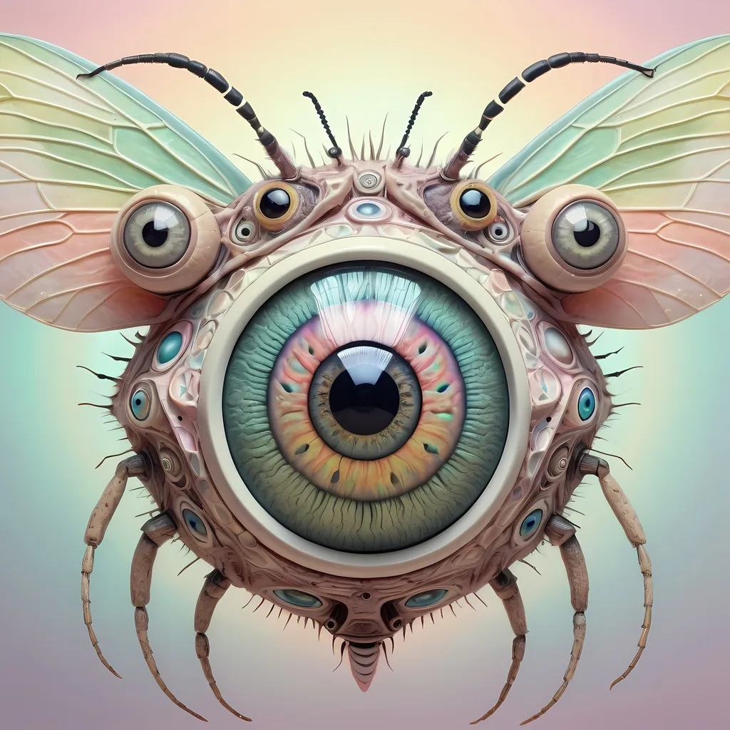 Prompt: A surreal extremely hyper realistic super textural psychedelic geometric eyeball creature with insect wings, pastel light colors,  lots of crazy trippy psychedelic human eyes, human teeth, organic and mechanical, multidimensional, weird surreal unsettling odd