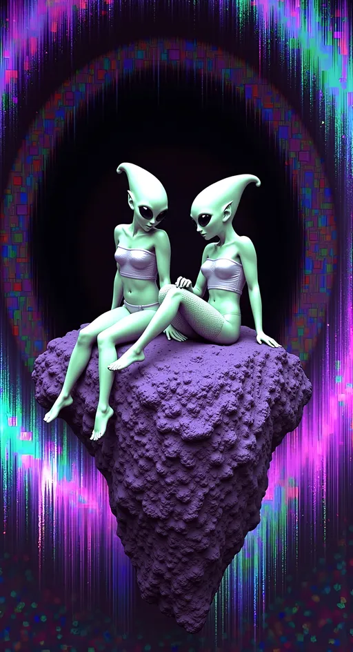 Prompt: Create an image of two female aliens with green skin, conical shaped bald heads, and large solid black almond shaped eyes, lounging on a small cratered extremely finely textured asteroid. They are wearing fishnet stockings and tight, shiny crop tops, tank tops. The asteroid is floating above a swirling black hole, casting a mysterious glow. The scene is filled with intense digital noise and glitch effects, including pixelated distortions, color shifts, and fragmented visuals that create a chaotic, yet mesmerizing atmosphere. The aliens appear relaxed, gazing into the cosmic abyss, their expressions a mix of curiosity and mischief, while the glitches add a dynamic, otherworldly energy to the scene.